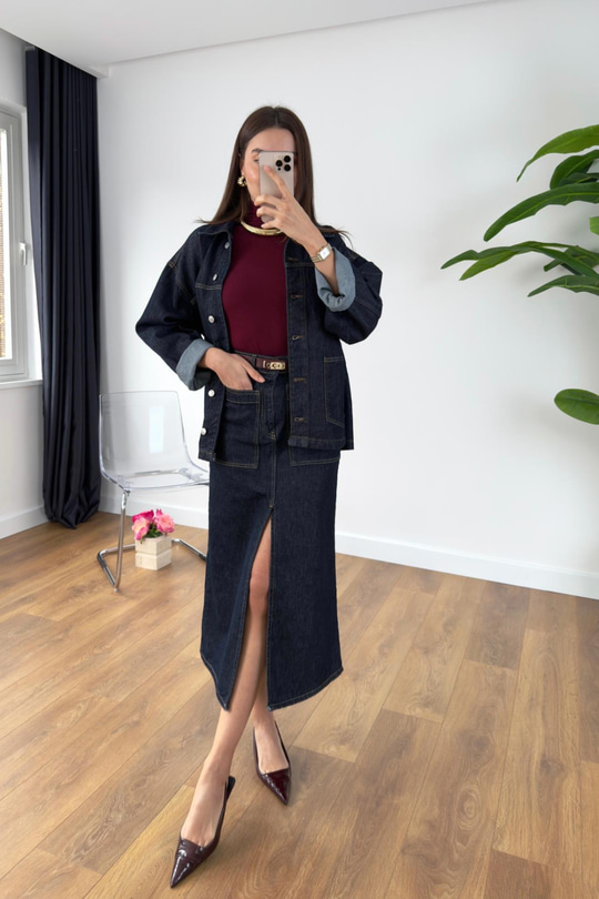 Bulika Dark Blue Torba Cep Yırtmaçlı Etek