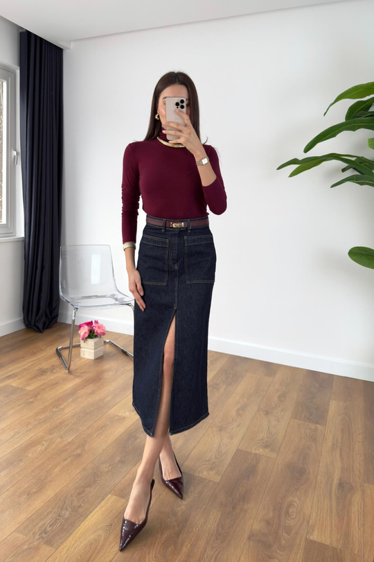 Bulika Dark Blue Torba Cep Yırtmaçlı Etek