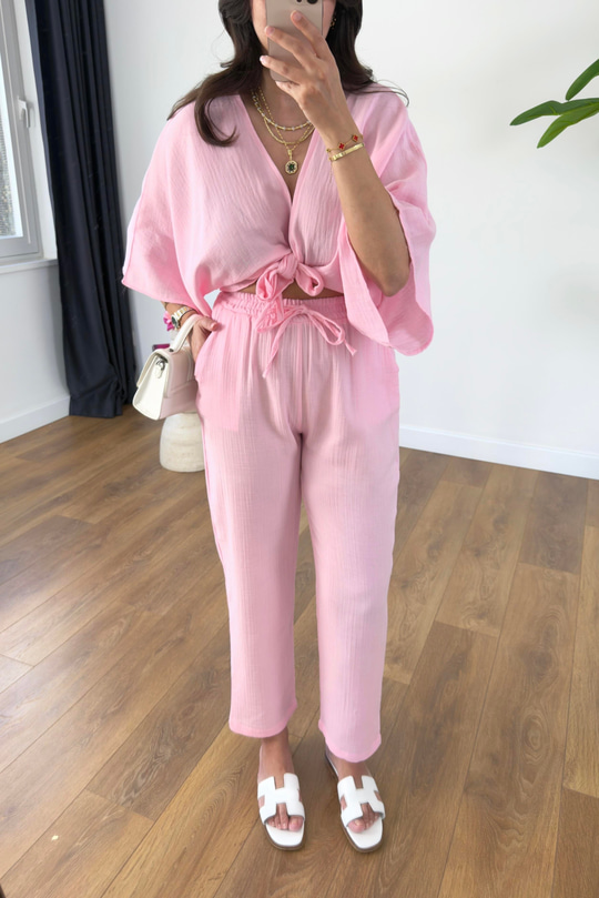 Buny Pembe Bağlama Detaylı Müslin Pantolon Takım