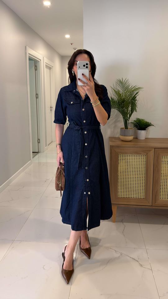 Butre Dark Blue Kısa Kollu Kuşaklı Elbise