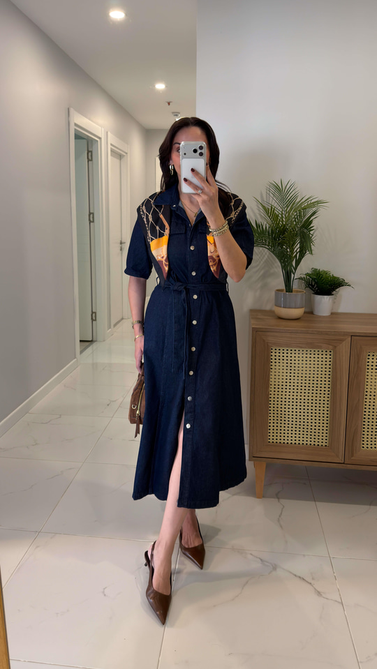 Butre Dark Blue Kısa Kollu Kuşaklı Elbise
