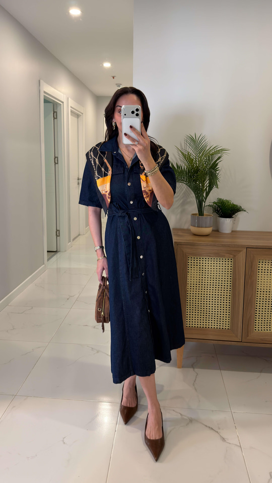 Butre Dark Blue Kısa Kollu Kuşaklı Elbise
