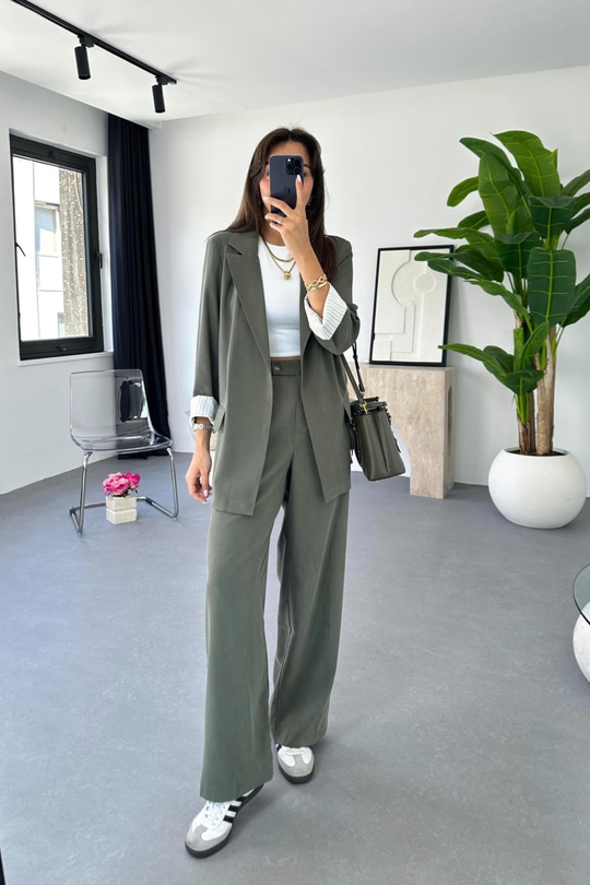 Dosy Haki Blazer Ceket Palazzo Pantolon Takım