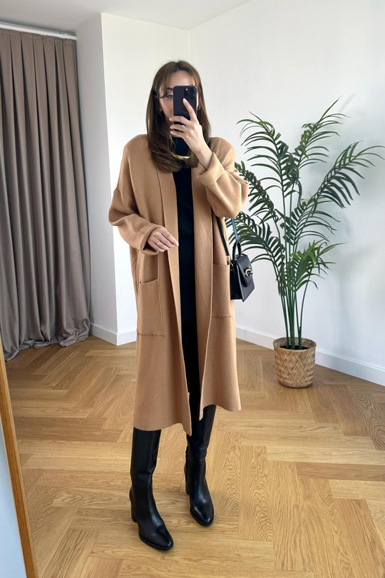 Goxeto Camel Şal Yaka Cepli Çelik Triko Hırka