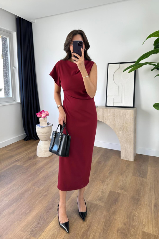 Woxo Bordo Drapeli Elbise