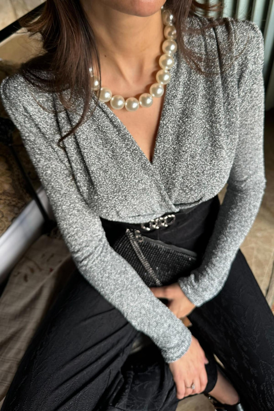 İlta Gri Kendinden Işıltılı Bodysuit