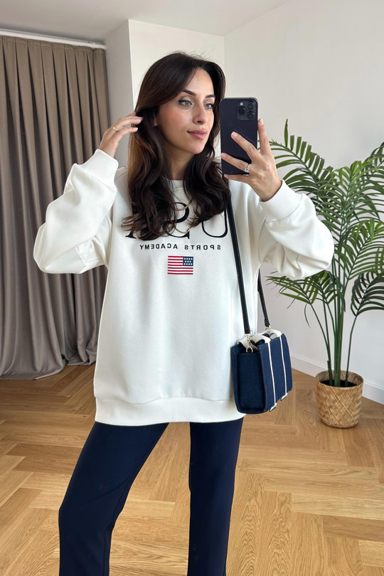 ZR Beyaz USA Yazı İşlemeli Sweatshirt