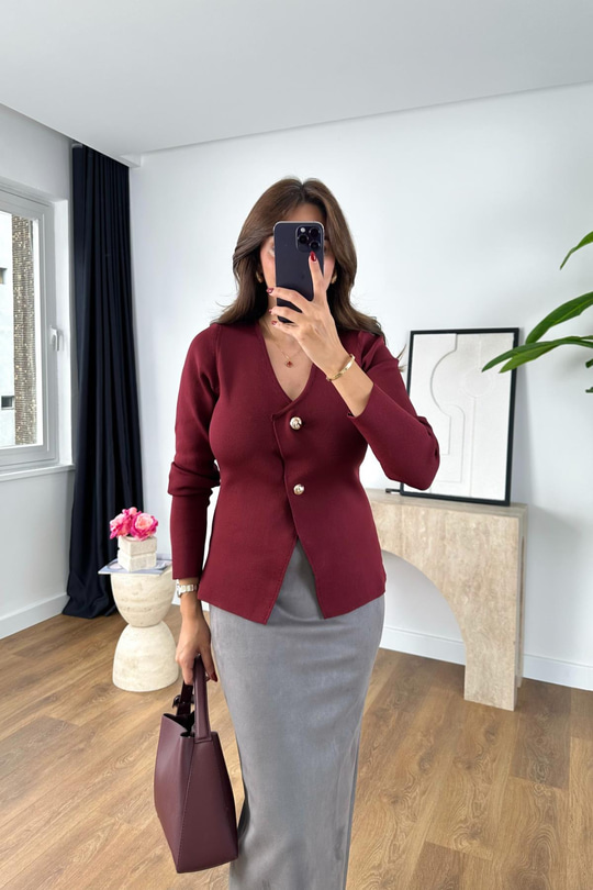 Summy Bordo Düğme Detaylı Hırka