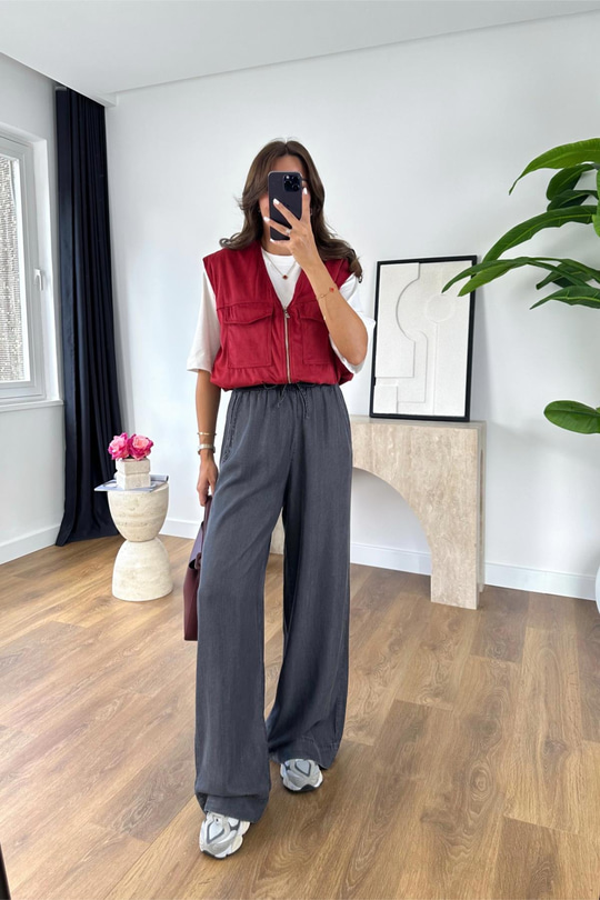 Kolse Antrasit Beli Lastikli Tencel Pantolon