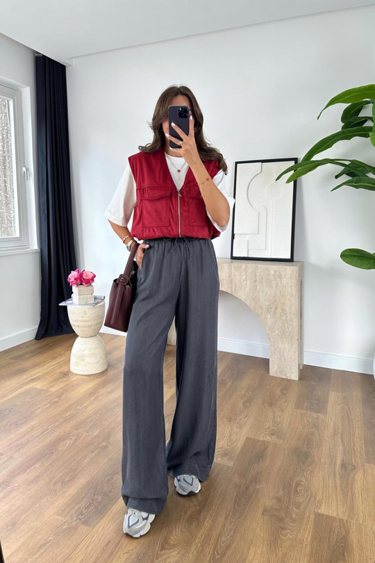 Kolse Antrasit Beli Lastikli Tencel Pantolon
