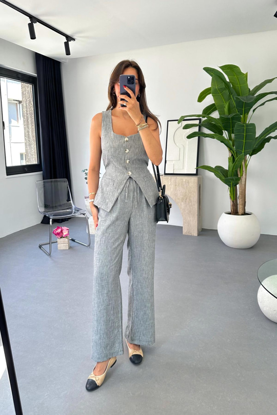 Lariss Gri Beli Bağlamalı Yelek Pantolon Takım