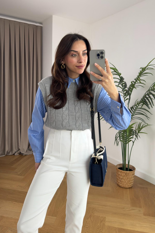 Lily Çizgili Gömlek Detaylı Gri Süveter