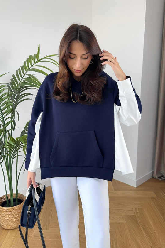 Zaren Lacivert Çift Kumaş Detaylı Sweatshirt