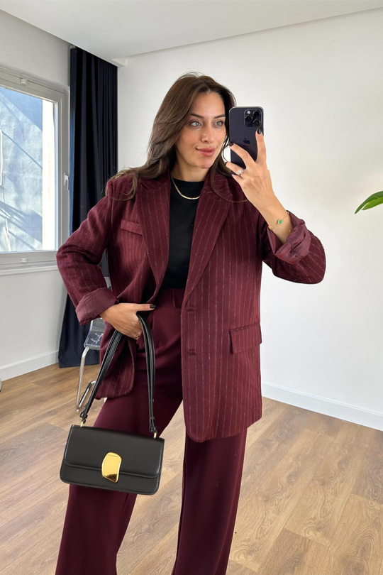 Stone Bordo Çizgili Çift Düğmeli Kaşe Ceket