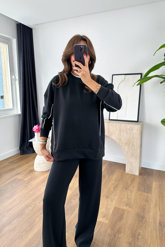 Eslane Siyah Beyaz Çizgili Sweat Modal Pantolon Takım