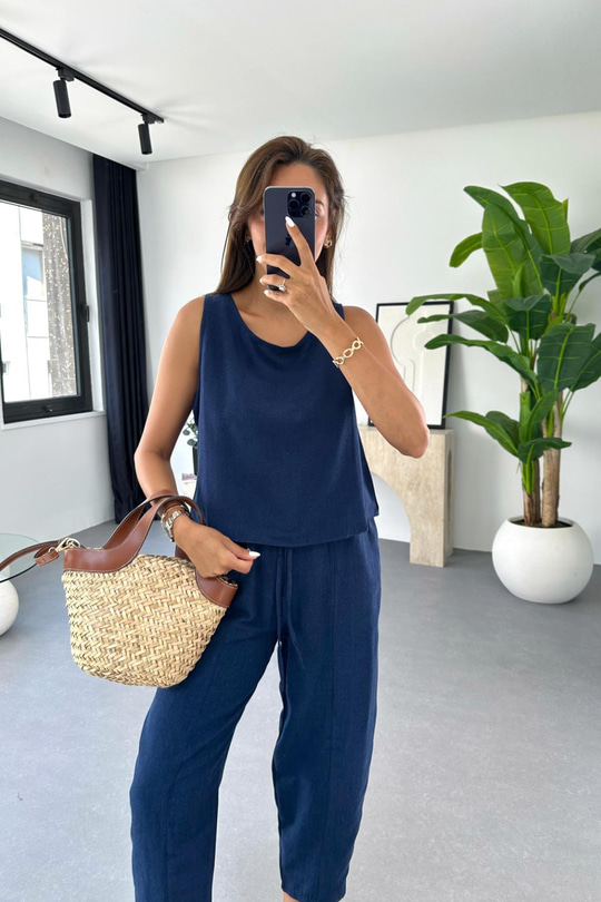 Tara Lacivert Beli Bağlamalı Bluz Pantolon Takım