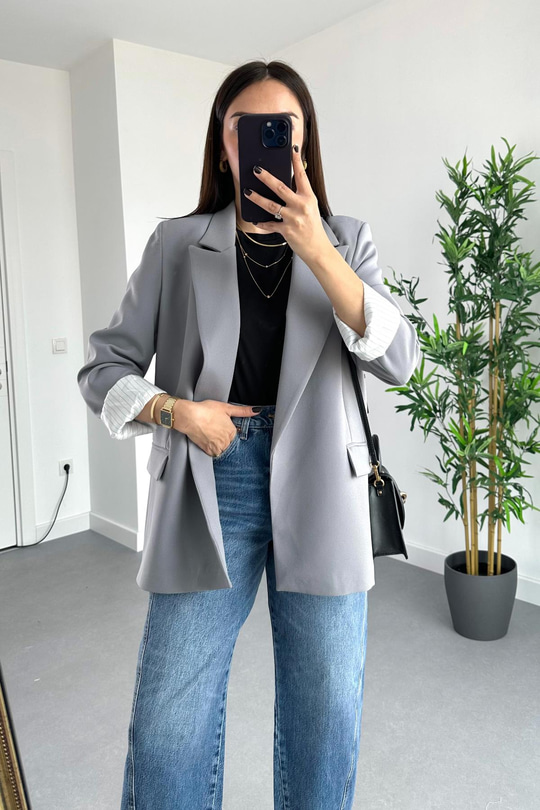 Gigo Gri Çizgili Astar Detaylı Atlas Blazer Ceket