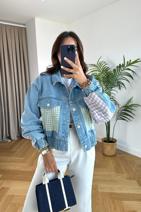 Mavi Düğme ve Kumaş Detaylı Denim Ceket