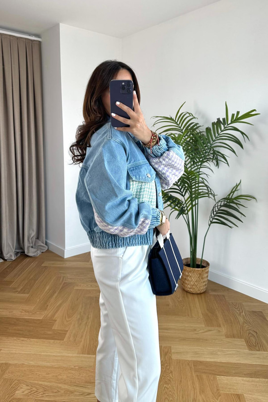Mavi Düğme ve Kumaş Detaylı Denim Ceket