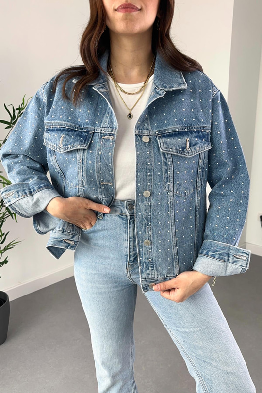 Mavi Taş İşleme Detaylı Premium Denim Ceket