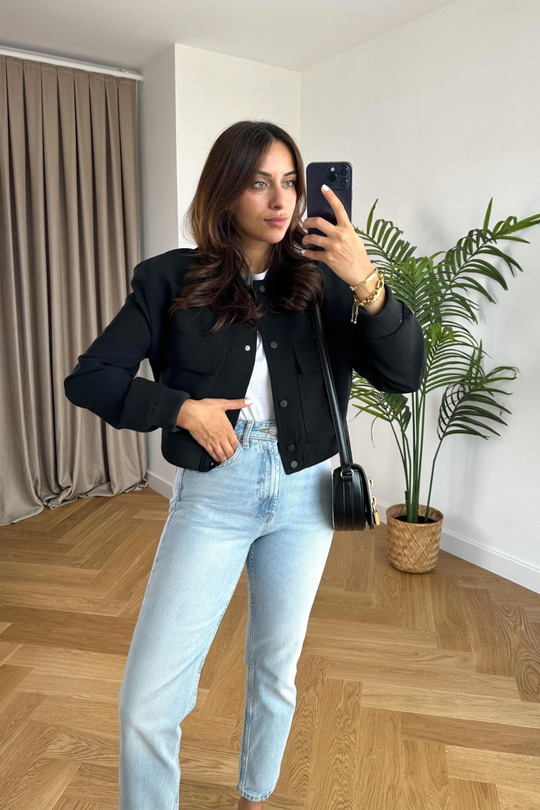 Siyah Geniş Cepli Bomber Ceket