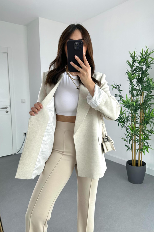 Taş Keten Astarlı Çizgi Detaylı Blazer Ceket