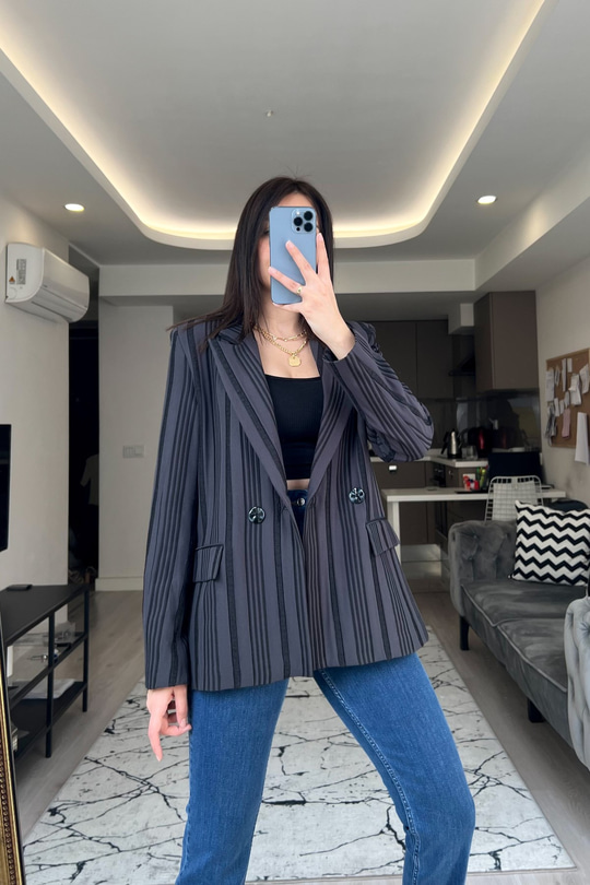 Siyah Çift Düğmeli Maroken Blazer Ceket