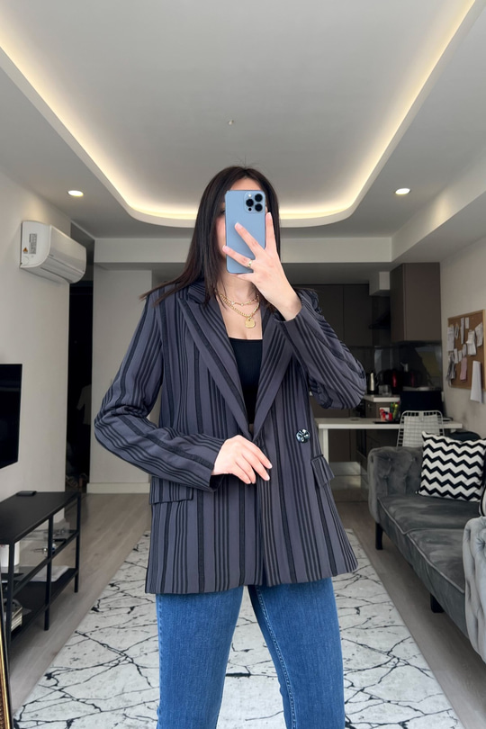 Siyah Çift Düğmeli Maroken Blazer Ceket