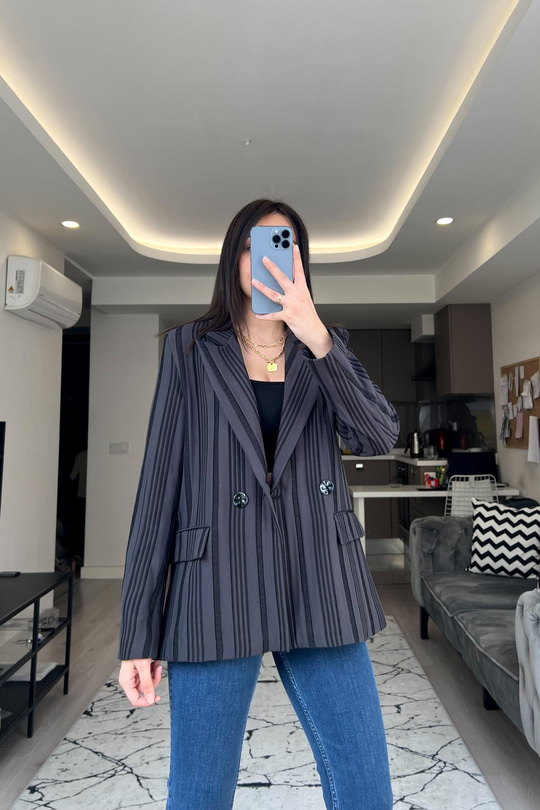 Siyah Çift Düğmeli Maroken Blazer Ceket