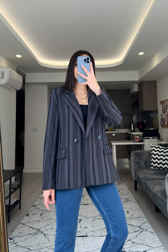 Siyah Çift Düğmeli Maroken Blazer Ceket