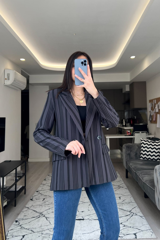 Siyah Çift Düğmeli Maroken Blazer Ceket