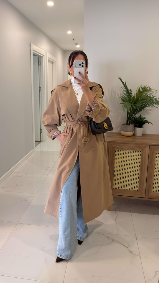 Cenestra Camel Kuşaklı Premium Trençkot