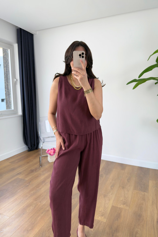 Chakra Bordo Bluz Pantolon Tensel Takım
