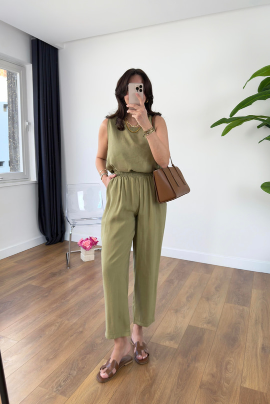 Chakra Olive Bluz Pantolon Tensel Takım