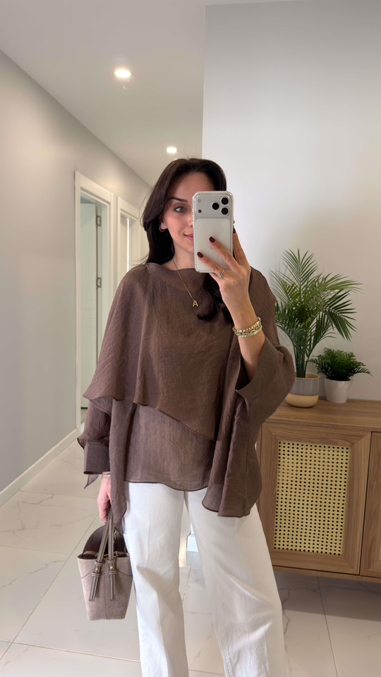 Chessa Kahve Uçuşan Pelerin Bluz