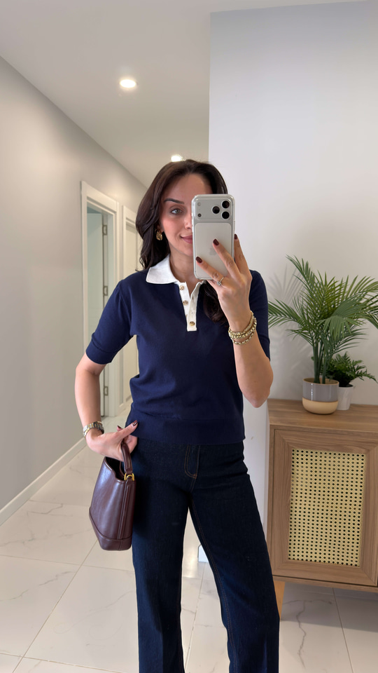 CS Zissa Lacivert Ekru Polo Yaka Kısa Kollu Triko