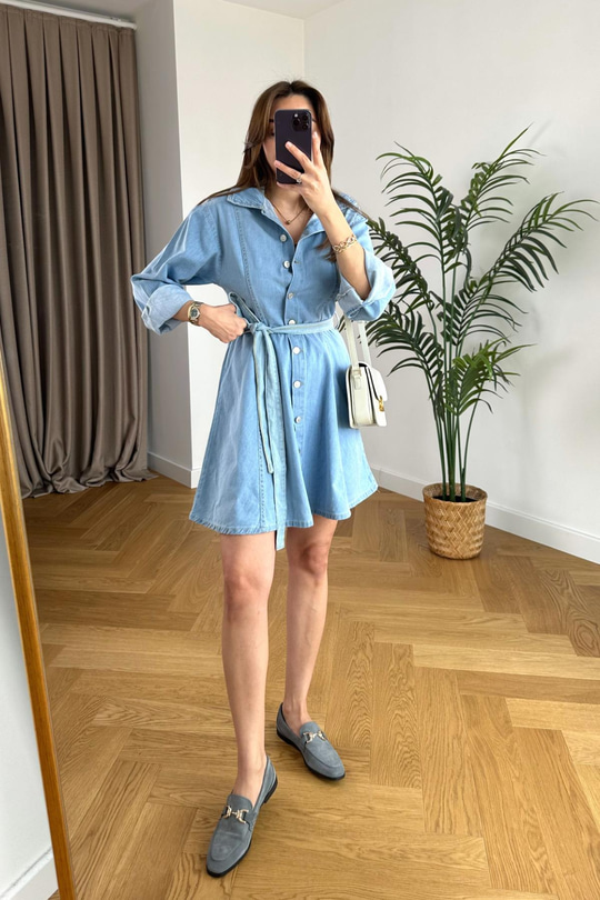 Trexx Mavi Düğme Detaylı Denim Elbise