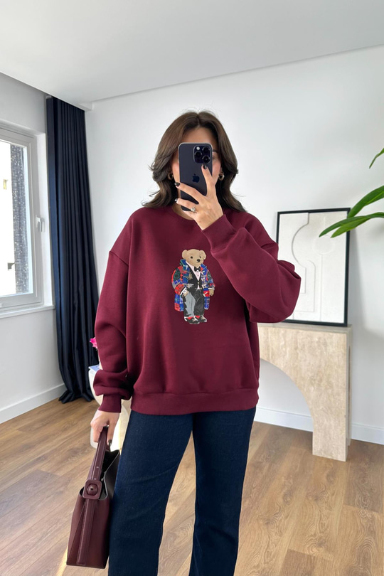 Andre Bordo Baskılı Oversize Sweatshirt