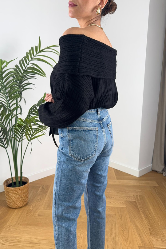 Siyah Degaje Yaka Fittili Triko