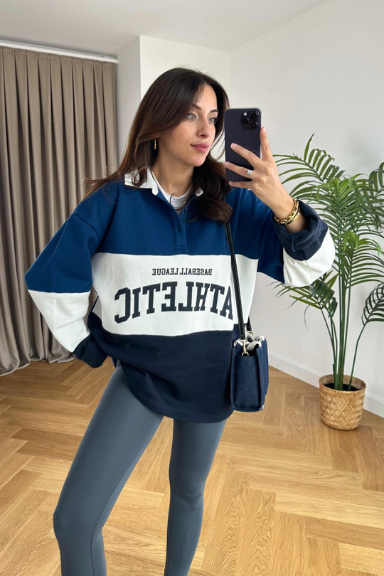Athletic Polo Yaka Düğme Detaylı Sweatshirt 