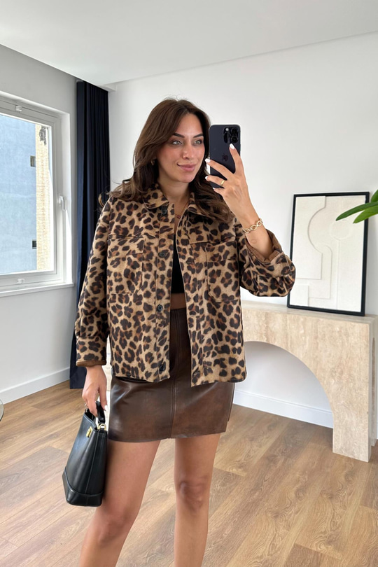 Geyemo Leopar Desenli Cep Detaylı Ceket