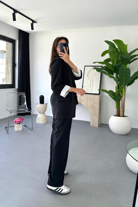Dosy Siyah Blazer Ceket Palazzo Pantolon Takım