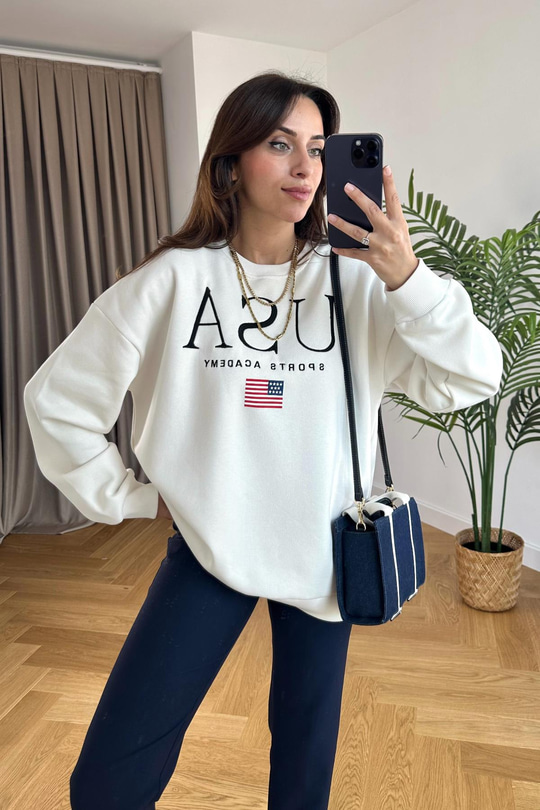 ZR Beyaz USA Yazı İşlemeli Sweatshirt