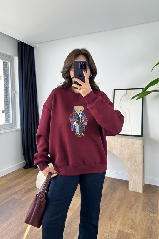 Andre Bordo Baskılı Oversize Sweatshirt