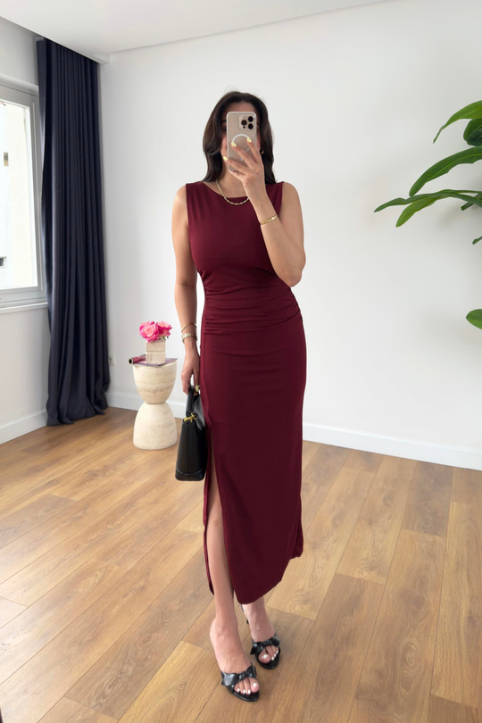 Desy Bordo Yanları Drape Detaylı Elbise