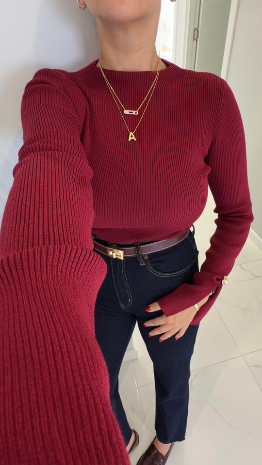 Dilvin Bross Açık Bordo Fitilli Yırtmaçlı Düğme Detaylı Triko