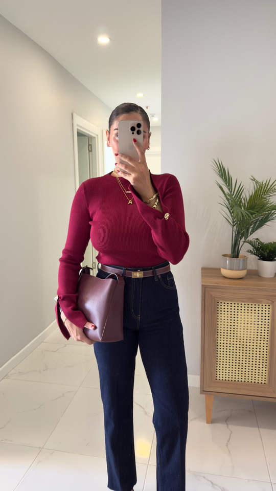 Dilvin Bross Açık Bordo Fitilli Yırtmaçlı Düğme Detaylı Triko