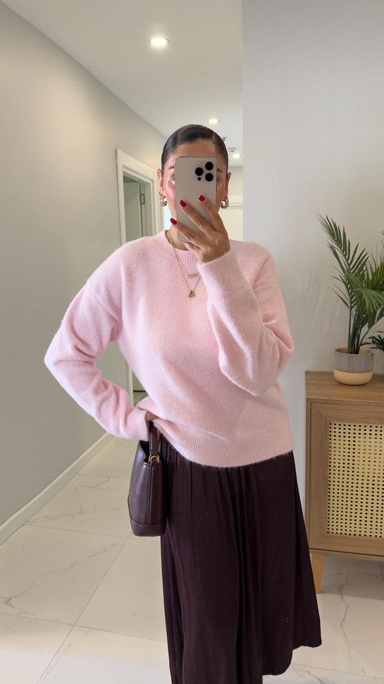 Dilvin Candy Pembe Bisiklet Yaka Yumuşak Dokulu Triko