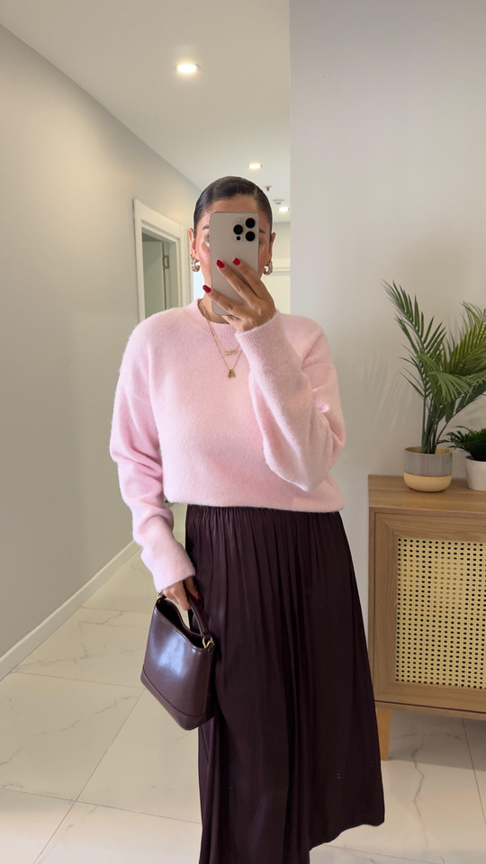 Dilvin Candy Pembe Bisiklet Yaka Yumuşak Dokulu Triko