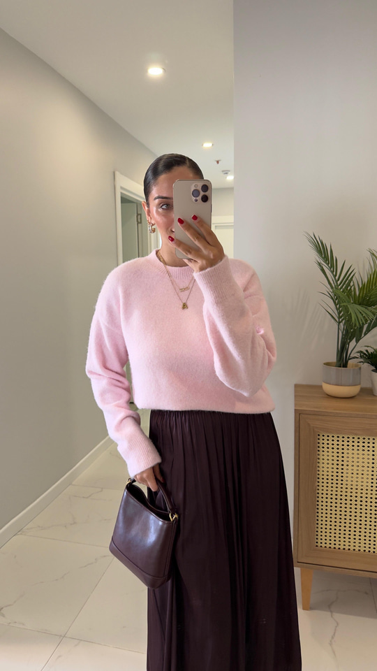 Dilvin Candy Pembe Bisiklet Yaka Yumuşak Dokulu Triko